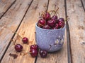 Mug with cherries in a ceramic cup on a wooden table Royalty Free Stock Photo