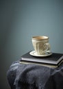 Mug of coffee and books on a gray woolen plaid