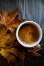 Mug of coffee with cinnamon and some whitered leaves. Flat lay. Vertical