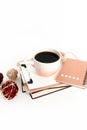 Mug of coffee, clipboard, notepad