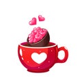Mug with coffee, cocoa, hot chocolate, chocolate bomb, decorative hearts. A hot drink for Valentine\'s Day.