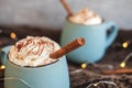 Mug of coffee, cocoa or hot chocolate with whipped cream and cinnamon on scarf with leaves, garland, anise star. Pumpkin Royalty Free Stock Photo