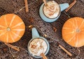Mug of coffee, cocoa or hot chocolate with whipped cream and cinnamon on scarf with pumpkin, leaves, garland, anise star Royalty Free Stock Photo