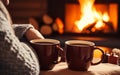 mug of coffee by the fireplace. Woman relaxes by warm fire with a cup of hot drink. Winter, Christmas holidays concept