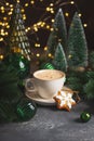 Mug of Coffee Latte and Christmas Gingerbread cookie into Pine Decor Royalty Free Stock Photo