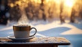 mug with coffee on a rustling table in winter