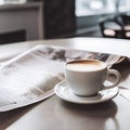 mug of coffee or tea on the table, newspaper and coffee in the morning before work, Generative AI Royalty Free Stock Photo