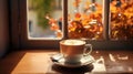 A mug of coffee on a windowsill with autumn sunshine