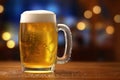 A mug of cold beer with foam on the table in pub, beautiful bokeh on the background, close up shot with copy space. Generative AI Royalty Free Stock Photo