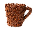 Mug covered with coffee beans isolated on white Royalty Free Stock Photo