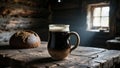 Mug of dark beer and loaf of rye bread on a rustic wooden table in an old log cabin interior Royalty Free Stock Photo