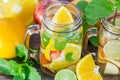 Mug delicious refreshing drink of mix fruits with mint Royalty Free Stock Photo