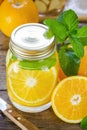 Mug delicious refreshing drink of orange fruit with mint Royalty Free Stock Photo