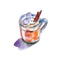 Mug of eggnog with zefir and cinnamon. Hand drawn Watercolor illustration isolated object on white background.