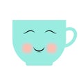 Mug with face. Blue kawaii cup. Cartoon style. Relax time. Cute character. Hot drink. Vector illustration. Stock image. Royalty Free Stock Photo