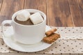 Mug filled with homemade hot chocolate and marshmallow, cookie Royalty Free Stock Photo