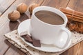 Mug filled with homemade hot chocolate, spice with walnut Royalty Free Stock Photo