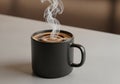 Mug filled with steaming hot coffee is placed on a light-colored Royalty Free Stock Photo