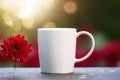 Mug with a Flower Touch, Blank White 15 oz Coffee Mug Mockup with Beautiful Flowers in Background anf Bokeh - Generative AI