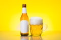Mug with foamy beer and empty bottle Royalty Free Stock Photo
