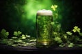 A mug of foamy green beer on a wooden table surrounded by clover leaves on a green background. Traditional alcoholic Irish drink Royalty Free Stock Photo