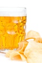 Mug of Fresh beer and Pile of potato chips Royalty Free Stock Photo