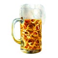 Mug fresh draft beer, glass of light beer with froth foam, food and drink object, isolated, hand drawn watercolor