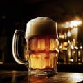 Mug full of beer on a bar counter, dramatic lighting generative AI illustration Royalty Free Stock Photo