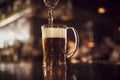 Mug full of beer on a bar counter, dramatic lighting, generative AI illustration Royalty Free Stock Photo