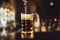 Mug full of beer on a bar counter, dramatic lighting, generative AI illustration Royalty Free Stock Photo