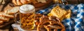 a mug of German beer and soft pretzels and cheese on a table with a checkered blue tablecloth at Oktoberfest. Selective Royalty Free Stock Photo