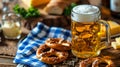 a mug of German beer and soft pretzels and cheese on a table with a checkered blue tablecloth at Oktoberfest. Selective Royalty Free Stock Photo