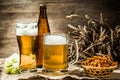 Mug, glasse, beer bottle with wheat spikelets, hops , pretzels Royalty Free Stock Photo