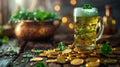 Mug of green beer, gold coins and clover leaves on the counter of an Irish pub on St. Patrick\'s Day