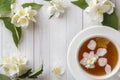 Mug of herbal tea with petals of Jasmine flowers on a light background. Royalty Free Stock Photo