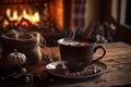 Mug of hot chocolate cinnamon is on table in front of the burning fireplace. Christmas mood, home comfort. 3d illustration