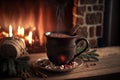 Mug of hot chocolate cinnamon is on table in front of the burning fireplace. Christmas mood, home comfort. 3d illustration