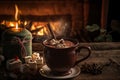 Mug of hot chocolate cinnamon is on table in front of the burning fireplace. Christmas mood, home comfort. 3d illustration