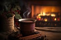 Mug of hot chocolate cinnamon is on table in front of the burning fireplace. Christmas mood, home comfort. 3d illustration