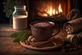 Mug of hot chocolate cinnamon is on table in front of the burning fireplace. Christmas mood, home comfort. 3d illustration