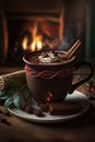 Mug of hot chocolate cinnamon is on table in front of the burning fireplace. Christmas mood, home comfort. 3d illustration