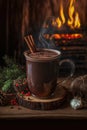 Mug of hot chocolate cinnamon is on table in front of the burning fireplace. Christmas mood, home comfort. 3d illustration