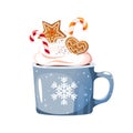 Mug of hot chocolate, cocoa. Christmas drink with cinnamon, candy canes, gingerbread.