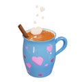 Mug of hot chocolate with marshmallow hearts, cinnamon stick, 3d render. A cup with cappuccino and marshmallows falling into it.