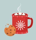 Mug with hot chocolate, marshmallows and traditional chocolate chip cookies. Vector illustration.