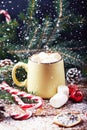 Mug with hot chocolate snow wooden table