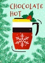 Mug of hot chocolate with sprig Holly. Promotional banner. Vector isolated