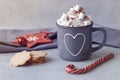 Mug of hot chocolate with whipped cream, marshmallows . Hot winter drink Royalty Free Stock Photo