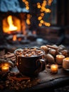 A mug of hot cocoa with marshmallows and spices is on a wooden table with candles.