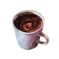 The mug of hot coffee with expression patches of light. Isolated object on white background, watercolor illustration.